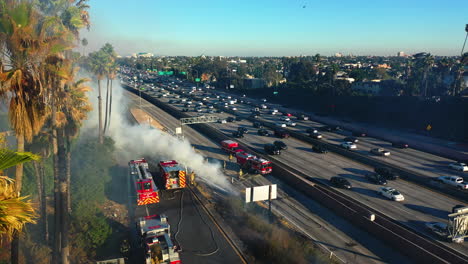 Aerial-view-over-palm-trees,-revealing-firefighters-calming-a-fire-at-a-freeway