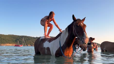 Little-girl-bathing-in-sea-water-with-horse,-stands-on-it-and-dives-in-summer-season