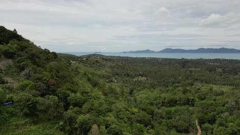 Aerial-shot-of-lush-green-hilly-landscape-with-visible-sea-shore-and-hill-in-the-far-background
