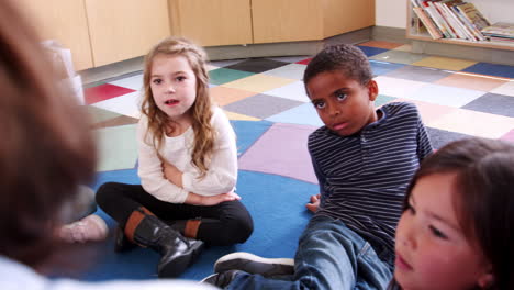 School-kids-sitting-on-the-floor-gathered-around-teacher