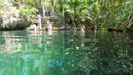 POV-of-people-refreshing-in-crystal-clear-turquoise-waters-at-Nicte-ha-cenote-in-Tulum,-Mexico