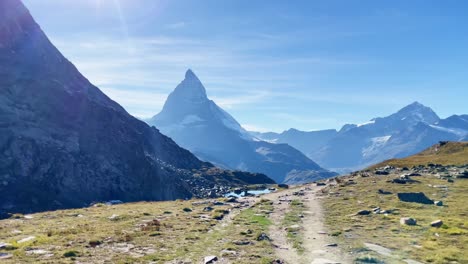 Mountain-Freedom:-Matterhorn-Mountain-Landscape-Near-Rotenboden-and-Gornergart,-Switzerland,-Europe-|-Walking-Remote-Path-Near-Stone-Hillside