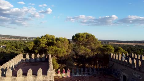 Aerial-fly-over:-Medieval-Castle-Ruins-in-Alpedrete,-Madrid,-Spain