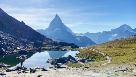 Mountain-Freedom:-Matterhorn-Mountain-Landscape-Near-Rotenboden-and-Gornergart,-Switzerland,-Europe-|-Shaking-Walking-Towards-YouTube-Influencer-Travel-Vlogging
