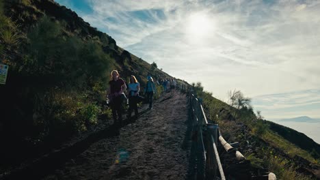 Tourist-Hikers-on-Mount-Vesuvius-Trail,-Italy