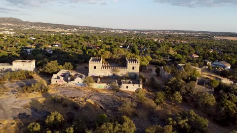 Aerial-wide-reveal:-Alpedrete-Castle-at-Golden-Hour,-Madrid,-Spain