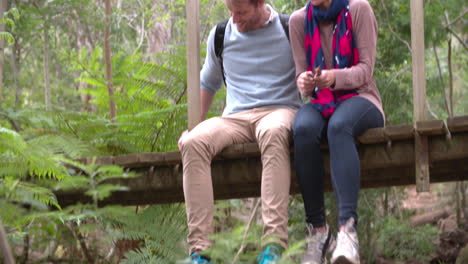 Couple-sitting-on-a-wooden-bridge-in-a-forest