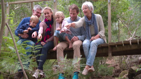 Multi-generation-family-sitting-on-wooden-bridge-in-a-forest