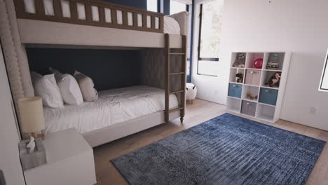 Dormitorio-Infantil-En-Una-Casa-Familiar-Moderna,-Luz-Solar,-Sin-Gente,-Plano-Inclinado