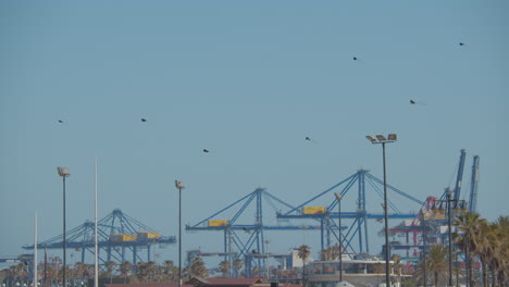 Drachen-Steigen-Lassen-Und-Containerkräne-Im-Hafen-Von-Valencia