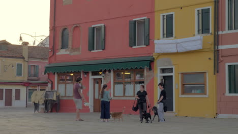 Menschen-Mit-Hunden-Unterhalten-Sich-Auf-Der-Straße-In-Burano,-Italien