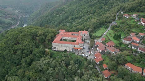Aerial-Footage-Of-Santo-Estevo-Monastery-And-Sil-Valley,-Luintra,-Spain