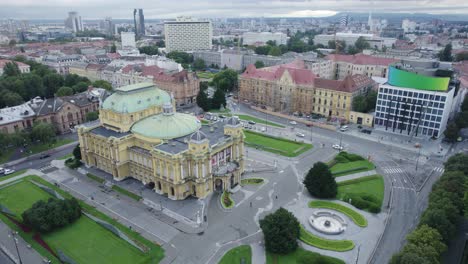 Croatian-National-Theatre-building-in-downtown-Zagreb,-aerial-orbit