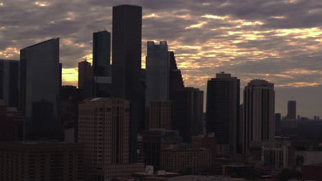 Establishing-shot-of-downtown-Houston,-Texas-at-sunset