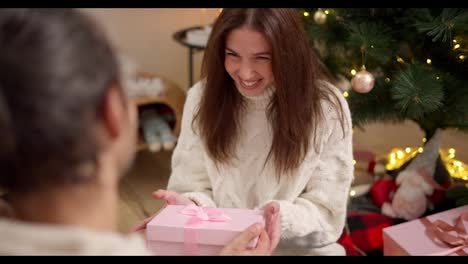 Over-the-shoulder,-a-brunette-girl-accepts-a-pink-gift-from-her-brunette-boyfriend-in-a-white-sweater-and-opens-it-by-untying-a-pink-ribbon-bow-on-top-of-the-gift-in-a-cozy-room-with-a-Christmas-tree