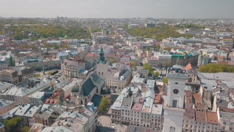 Aerial-City-Lviv,-Ukraine.-European-City.-Popular-areas-of-the-city.-Town-Hall