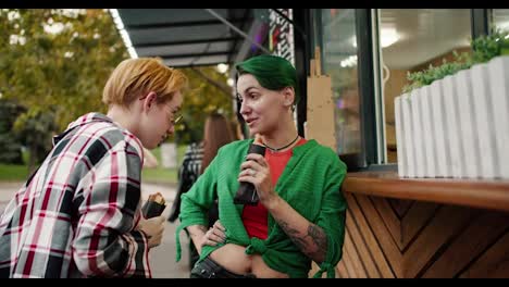 Two-girls-with-bright-short-haircuts-in-plaid-shirts-during-their-date-eat-hot-dogs-near-a-street-cafe-in-the-park-and-communicate