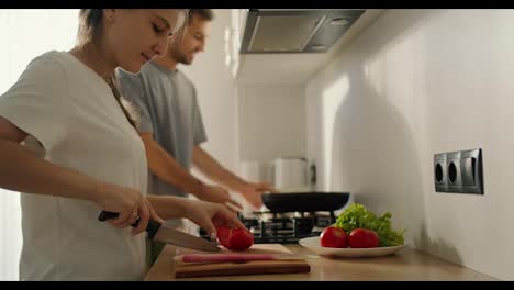 A-brunette-girl-in-a-white-T-shirt-is-preparing-a-morning-salad-and-her-husband,-a-guy-in-a-gray-T-shirt,-talks-to-her-and-cooks-something-on-the-stove-in-the-kitchen-in-the-morning