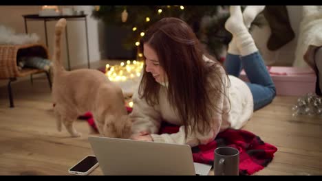 Close-up-shot-of-a-brunette-girl-in-a-White-sweater-lying-on-the-floor-working-with-a-gray-laptop-and-stroking-her-cream-colored-cat-lying-on-a-Red-blanket-near-the-New-Year-tree-in-a-cozy-room-in-winter