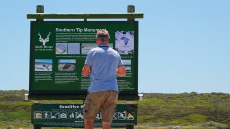 Tablero-De-Información-Del-Monumento-Del-Extremo-Sur-Con-Turistas-Que-Visitan-El-Sitio,-Agulhas