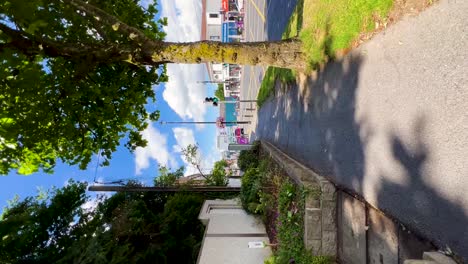 Sunny-Urban-Walk:-Vertical-Video-of-Blanchardstown-Town-Centre,-Strolling-Past-Green-Trees,-Cars,-and-Traffic-Lights-on-a-Beautiful-Day