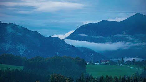 Timelapse-view,-clouds-between-the-mountains,-Austrian-Alps