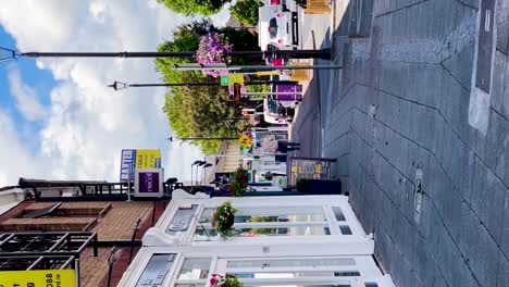 Sunny-Urban-Stroll:-Vertical-Video-of-Blanchardstown-Town-in-Summer,-with-Vibrant-Trees,-Flowery-Lamp-Posts,-and-Lively-Town-Life