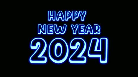 Neonblaues-Frohes-Neues-Jahr-2024,-Textanimation,-Bewegungsgrafiken,-Schwarzer-Hintergrund