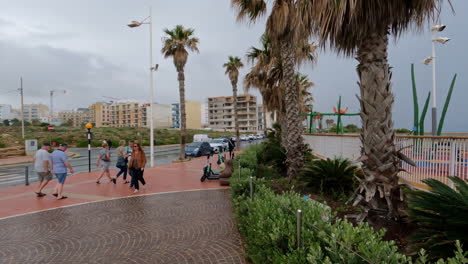 People-on-walking-street-strip-with-palm-tree-in-Valletta,-Malta-during-the-day