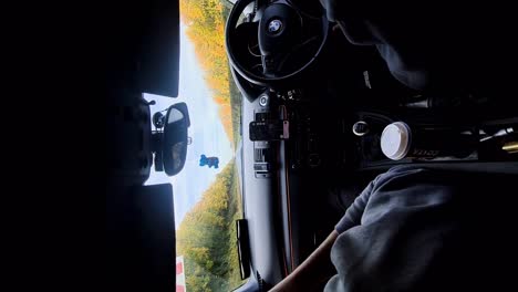 Sonniger-Roadtrip:-Vertikales-Video-Vom-Rücksitz-Eines-BMW,-Fahrt-Auf-Einer-Autobahn-Inmitten-Herbstlicher-Bäume,-Costa-Kaffeestopps-Und-Google-Maps-Navigation