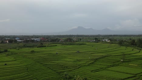 Distant-mountains-surrounded-by-clouds-and-rice-fields-in-Bali,-Indonesia