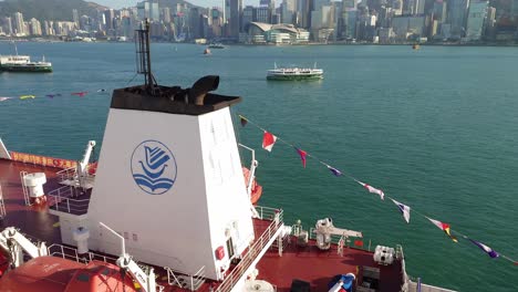 Dalian-Maritime-University-logo-displayed,-Yukun-training-vessel,-Hong-Kong