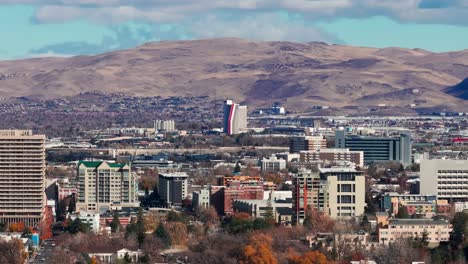 Drone-aerial-shot-of-casinos-and-hotels-in-Reno,-Nevada