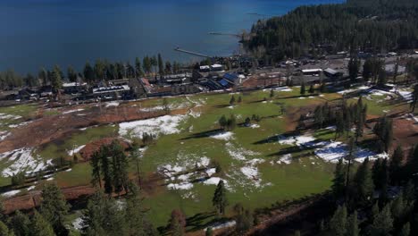 Drone-aerial-view-panning-up-of-Tahoe-City-on-the-shores-of-Lake-Tahoe