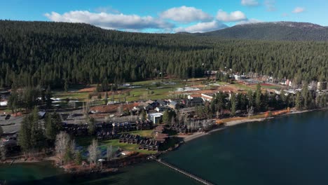 Drone-aerial-pull-back-shot-of-Tahoe-City-on-the-shores-of-Lake-Tahoe