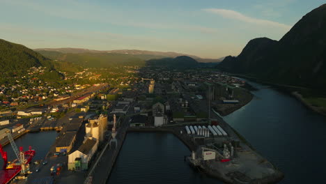 Industrial-park-and-dock-in-beautiful-city-of-Mosjoen,-Northern-Norway