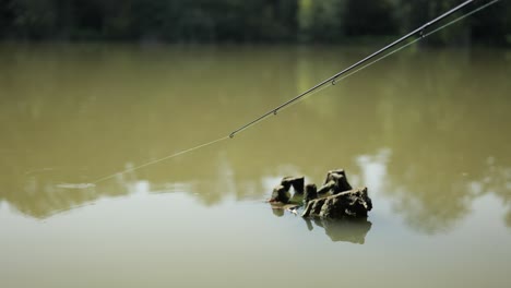 Fish-pulls-on-the-float-bobber-of-cast-fishing-line-and-escapes-into-murky-lake