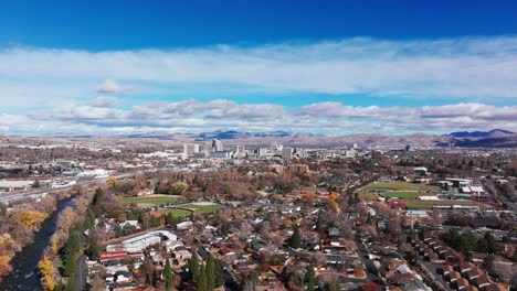 Drone-shot-pulling-back-of-downtown-Reno,-Nevada