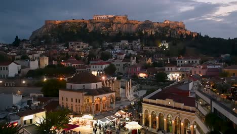 Evening-view-of-the-Monastiraki-Square-and-the-Acropolis-Museum,-Athens,-Greece