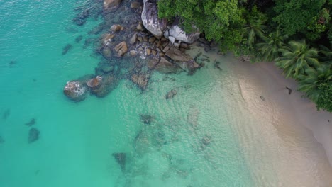 Drone-footage-of-white-sandy-beach,-coconut-palm-trees,-turquoise-water,-granite-stones-on-sunset-beach,-Mahe-Seychelles-30fps-1
