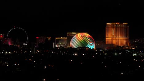 Vista-Nocturna-De-La-Esfera-Msg,-El-Linq-Y-El-Hotel-Palazzo-En-Las-Vegas---Aérea