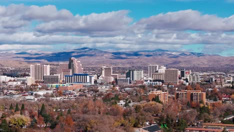 Drohnenschwenkansicht-Der-Innenstadt-Von-Reno,-Nevada-An-Einem-Bewölkten-Und-Sonnigen-Tag