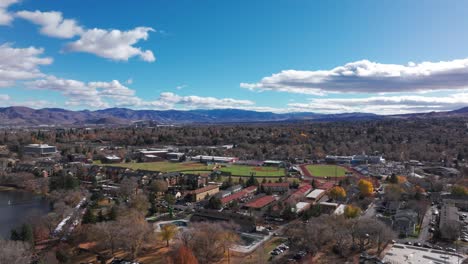 Drone-flyover-of-baseball-fields-in-Reno,-Nevada-in-the-fall