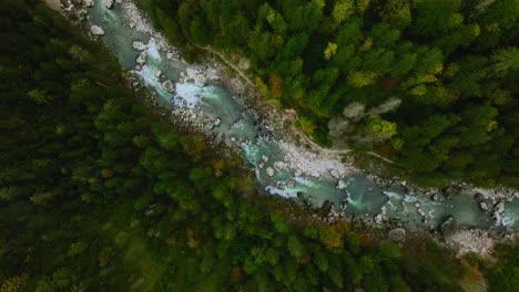 Aerial-descanding-shot-of-rocky-banks-of-mountain-river-surrounded-by-dense-vivid-green-forest-and-path