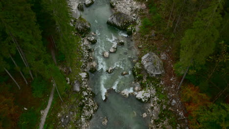 Aerial-shot-following-rocky-banks-of-the-mountain-river-surrounded-by-dense-vivid-green-forest-and-path