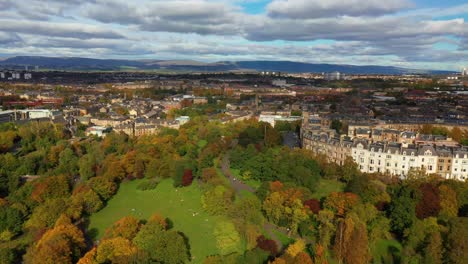 Glasgow's-Green-Canopy:-Kelvingrove-Park-and-the-Grandeur-of-Park-Circus-Place-from-the-Air,-Glasgow-West-End,-Scotland,-United-Kingdom