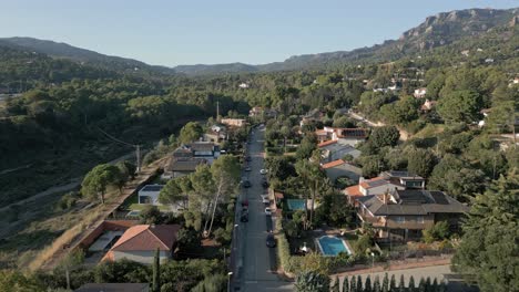 Aerial-Panoramic-Drone-Above-Sant-Llorenç-del-Munt-Natural-Park-Village-Catalonia-Barcelona