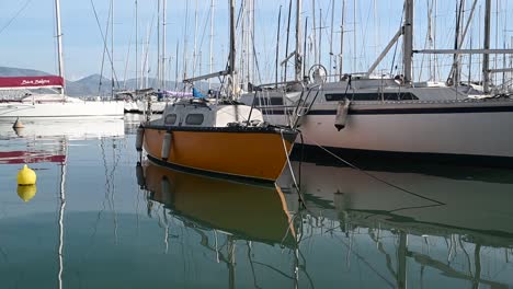 Reflection-of-a-boat-within-the-Alimos-Marina,-Greece,-Europe