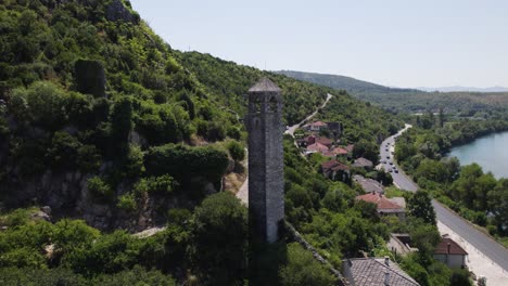 Aerial-panoramic:-Sahat-Kula-Tower,-Počitelj,-Bosnia-and-Herzegovina