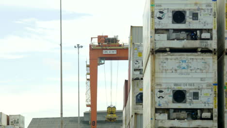 Allgemeine-Aufnahme-Des-Entladens-Von-Frachtcontainern-In-Einem-Hafen,-Zoll